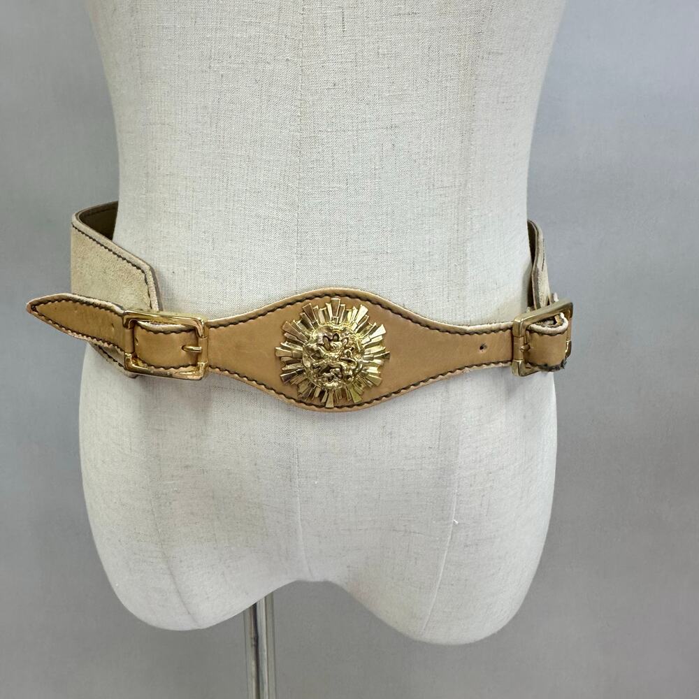 Vintage Suede Leather‎ Waist Belt w/ Gold Lion Medallion Statement Size Large